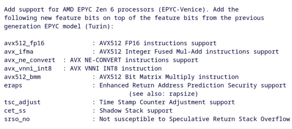 Ben Cheatham QEMU-javításához tartozó commit-üzenet, amely felsorolja az Epyc-Venice számára hozzáadott új funkciókat.