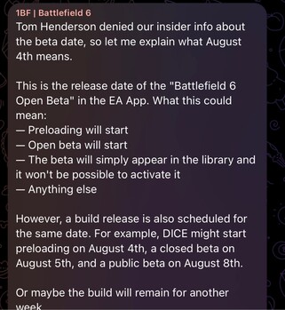 1BF válasz Tom Hendersonnak a Battlefield 6 nyílt béta kezdési időpontjáról (Kép forrása: GamingLeaksandRumours subreddit, 1BF Telegram csatorna)