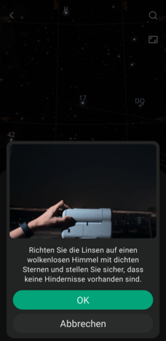 Mielőtt a távcső megkezdi az automatikus kalibrálást, az alkalmazás világos, lépésről-lépésre történő utasításokat ad (Kép forrása: Screenshot Marc Zander / Notebookcheck)