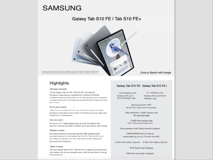 A hivatalosnak tűnő képen a közelgő Galaxy Tab S10 FE és FE+ jellemzői és specifikációi láthatók. (Kép forrása: Mystery Lupin on X)