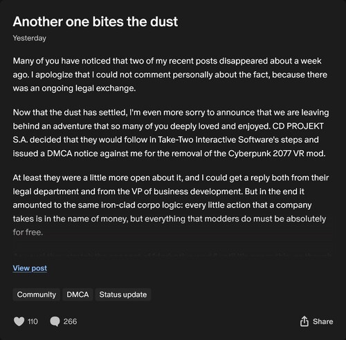 Luke Ross Patreon posztja a Cyberpunk 2077 VR mod visszavonásáról (Kép forrása: screenshot, Luke Ross Patreon)