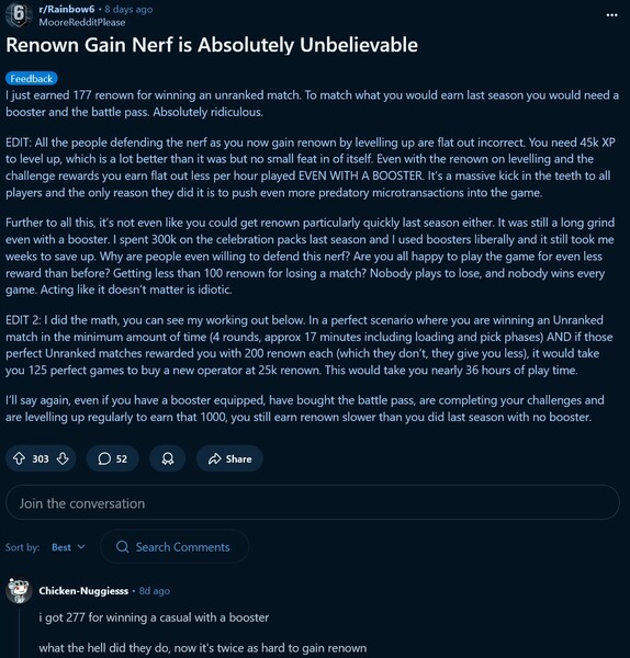 Rainbow Six Siege X játékbeli pénznem-változások (Kép forrása: screenshot, Rainbow Six subreddit)