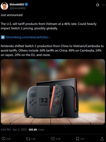 Vietnámi tarifák hatása Switch 2 válasz X-en (screenshot, Shinobi602 X fiók)