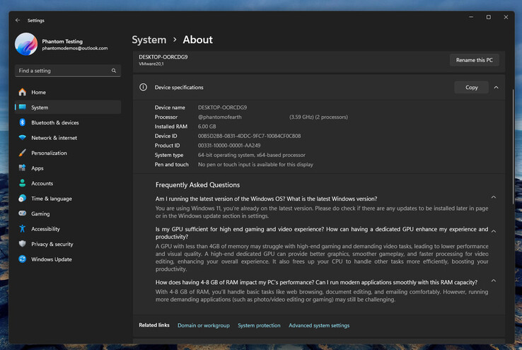 A Windows 11 dev build képernyőmentése a rendszer hardveradatai alatt található GYIK résszel. (Kép forrása: @phantomofearth.bsky.social)