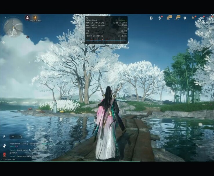 Where Winds Meet Mobile fut az M5 iPad Pro-n, a felbontást és a képkockasebességet mutató teljesítmény-felülnézettel (Kép forrása: Dame Tech via YouTube)