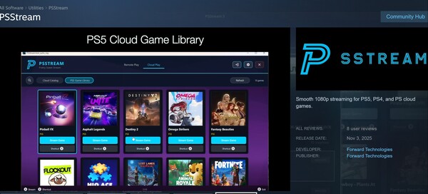 A PSStream PS5 játékkönyvtár funkciója (Kép forrása: screenshot, Steam, PSStream szerkesztéssel)