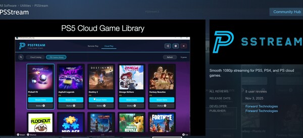 A PSStream PS5 játékkönyvtár funkciója (Kép forrása: screenshot, Steam, PSStream szerkesztéssel)