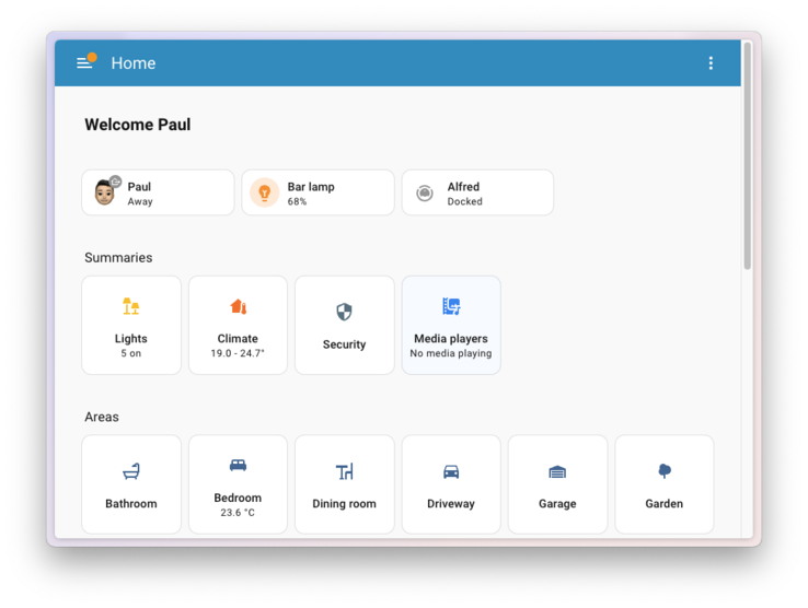 Az új Home Assistant Home műszerfal. (Kép forrása: Home Assistant)