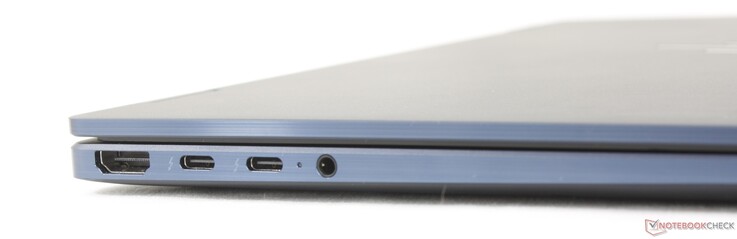 Bal oldalon: HDMI 2.1, 2x USB-C Thunderbolt 4 DisplayPort 2.1-el és Power Delivery 3.0-val, 3,5 mm-es fülhallgató-csatlakozó
