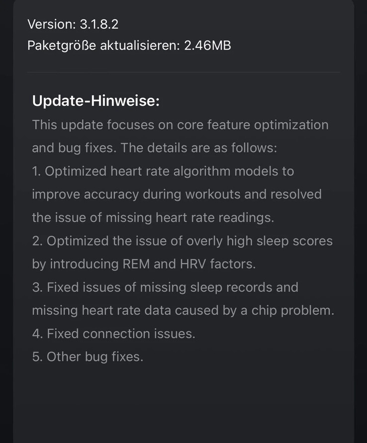 Az Amazfit Helio Strap 3.1.8.2 verziójának kiadási megjegyzései. (Kép forrása: u/Realistic_Tell_533 via Reddit)