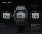 A Casio G-Shock GW-BX5600 karóra, amelyen feliratokkal kiemelték a MIP LCD-kijelzőt, a két betűtípust, a Tough Solar napenergia-táplálást, a Bluetooth-kapcsolatot és a Multiband 6 rádióvezérelt időmérést.