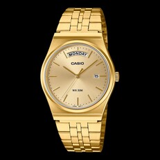 Casio MTP-B146G-3AV karóra aranyionos bevonatú rozsdamentes acél tokban és karkötővel, arany színű számlappal, a nap kijelzésével a 12 órás pozícióban és a dátumablakkal a 3 órás pozícióban.