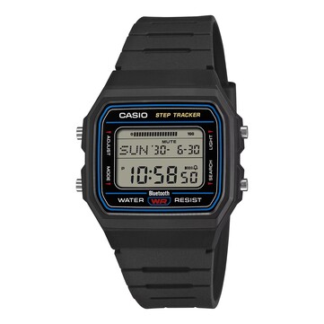 Casio F-B100W-1A fekete tokban és műanyag szíjjal, kék díszgyűrűvel a számlap körül.