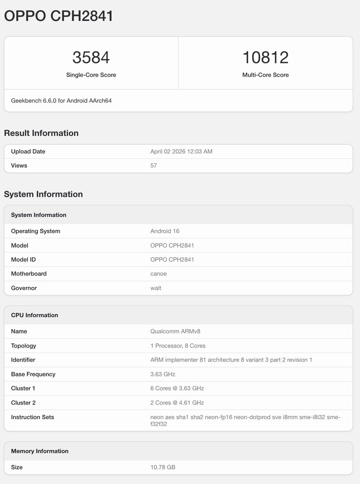 A készülő Oppo telefon Geekbench listája.