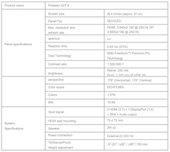 A Predator X27 X adatai (Kép forrása: Acer - gépi fordítás)