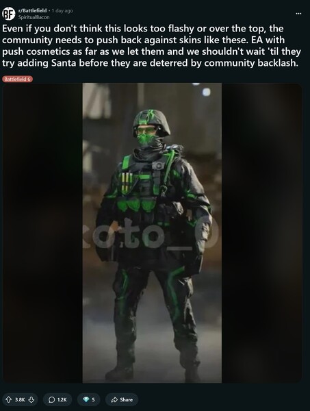 Neonzöld kiszivárgott Battlefield 6 skin látható (Kép forrása: SpiritualBacon@Battlefield subreddit)