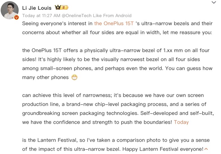 A OnePlus kínai elnöke részleteket oszt meg a 15T kijelzőjének keretéről.