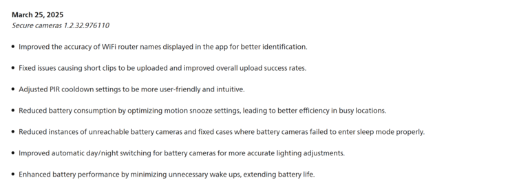 A Philips Hue Secure kamerák 1.2.32.976110 frissítésének változásnaplója. (Kép forrása: Philips Hue)