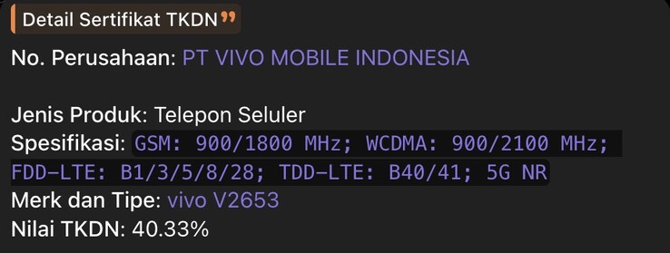 A Vivo X500 FE TKDN-bejegyzése.