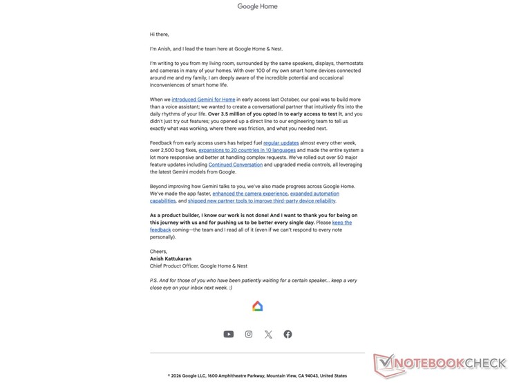 A termékfejlesztési igazgatótól érkezett e-mail a Google Home-ról.