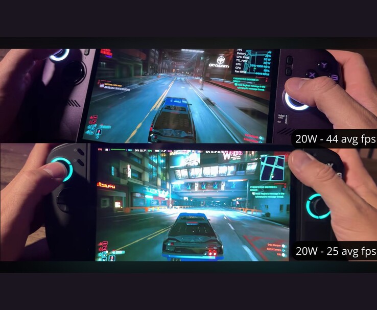Az MSI Claw 8 AI+ és a Lenovo Legion Go 2 20 W-os fogyasztás mellett futtatja a Cyberpunk 2077-et, 44 FPS-t, illetve 25 FPS-t elérve.