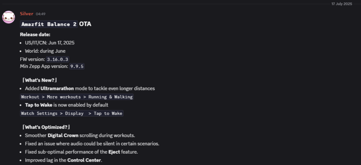 Az Amazfit Balance 2 3.16.0.3 verziójának kiadási megjegyzései. (Kép forrása: Amazfit via Weibo)