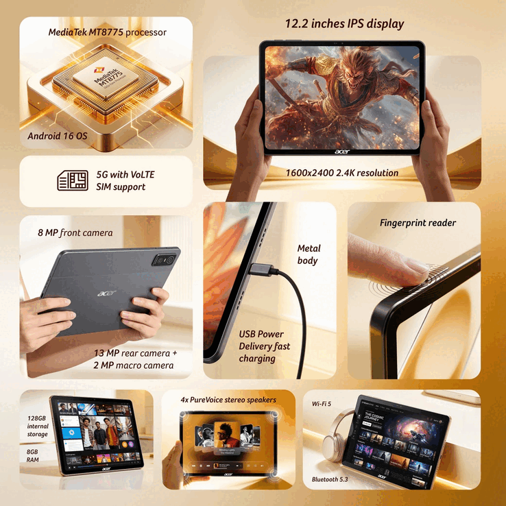 Az Acer Iconia Tab 12 5G főbb specifikációi, kijelzője, kamerái, csatlakozási lehetőségei és hardveres jellemzői