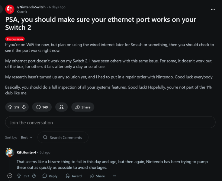 Nintendo Switch 2 Ethernet port problémái (Kép forrása: screenshot, Nintendo Switch subreddit)