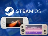 A Konkr Pocket Fit G3 és az Ayaneo Pocket S2 Pro látható, a háttérben a Steam OS logójával.
