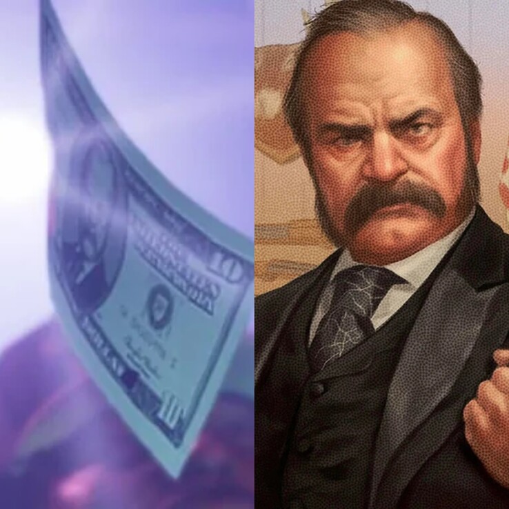 A GTA 6 pénzét bemutató kép a Trailer 2-ből Thaddeus Waxman elnök mellett. (Kép forrása: Synth Potato on X)