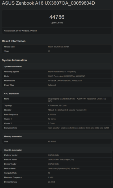 Snapdragon X2 Elite X2E-96-100 Geekbench GPU teljesítménye