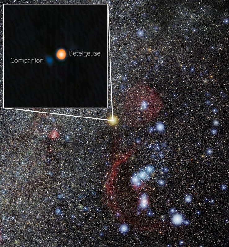 A Betelgeuse és kísérőcsillaga elhelyezkedése. (A kép forrása: International Gemini Observatory/NOIRLab/NSF/AURAImage Processing: Zamani (NSF NOIRLab))