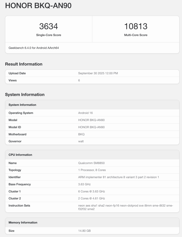 A Honor Magic 8 Pro Geekbench listája. (Kép forrása: Geekbench)