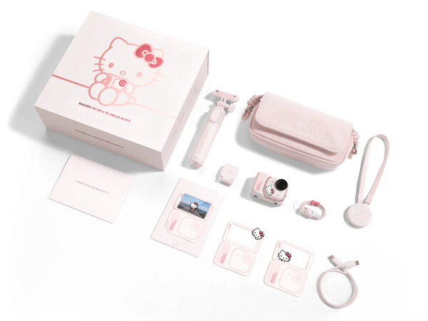 Az Insta360 Go Ultra Hello Kitty Edition rózsaszín tartozékokkal érkezik.