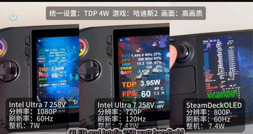 MSI Claw Intel Core Ultra 7 258V energiafogyasztás Steam Deckkel összehasonlítva (Kép forrása: Bilibili via VideoCardz)