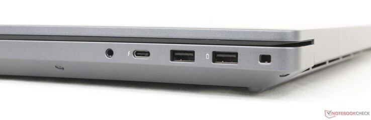 Jobbra: 3,5 mm-es fejhallgató, USB-C Thunderbolt 4 (40 Gbps) w/ DisplayPort + Power Delivery, 2x USB-A 3.2 Gen. 1 (5 Gbps), Zárhely