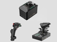 Moza AB6 alap (fent), MHG Flightstick (balra lent) és MTQ Throttle Quadrant (jobbra lent). (Kép forrása: Moza, szerkesztve)