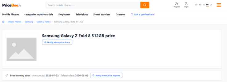A lettországi székhelyű Pricebee augusztus 5-ét jelöli meg a Samsung Galaxy Z Fold 8 elérhetőségének dátumaként.
