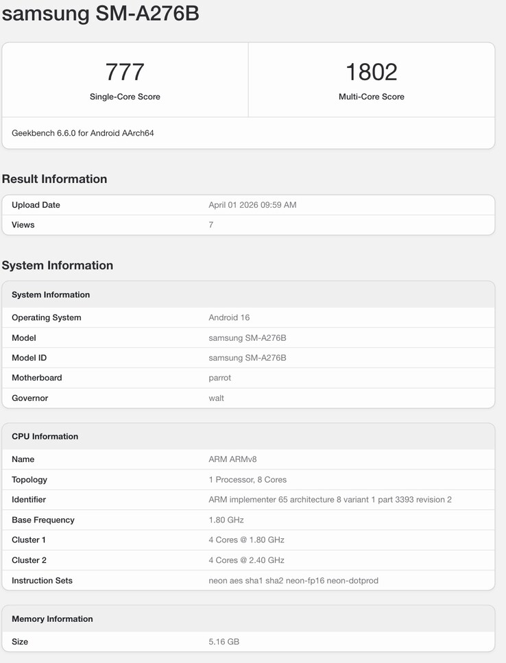A Samsung készülő telefonjának Geekbench listája.