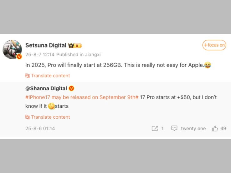 A kiszivárogtató Weibo-posztja az iPhone 17 Pro 256 GB-os alapmodellről szól. (Kép forrása: Setsuna Digital a Weibo-n, képernyőkép)
