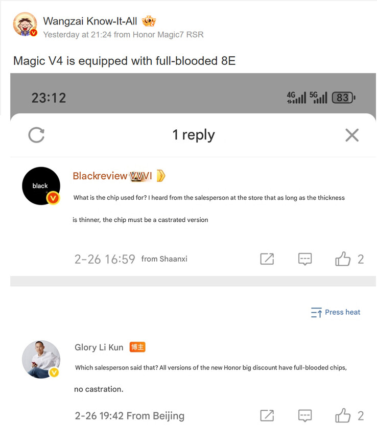 Li Kun azt sugallja, hogy Honor Magic V4 a rendszeres Snapdragon 8 Elite (Kép forrása: Weibo - gépi fordítás)