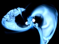 az összeolvadó, mágnesezett neutroncsillagok szuperszámítógépes szimulációjának nézete