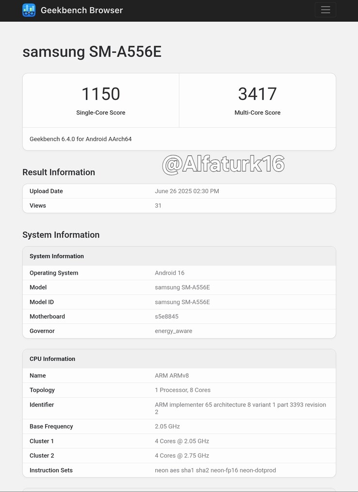 A "Galaxy A55 5G" frissül Android 16-ra egy új szivárgásban. (Forrás: Geekbench via AlfaTurk on X)