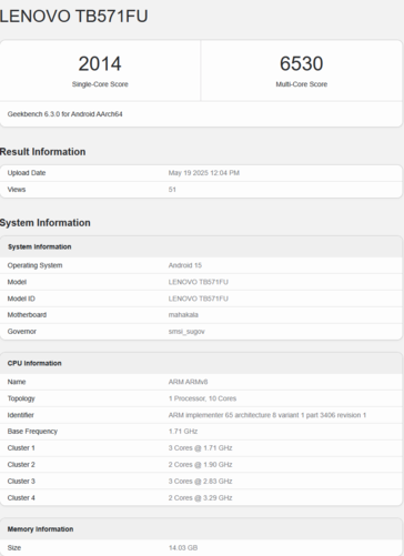 Lenovo Yoga Pad Pro S1101 chippel (kép forrása: Geekbench)