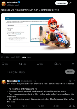 Nintendo garanciális fedezet a Switch 2 Joy-Conokra (Kép forrása: screenshot, Nintendeal X fiók)