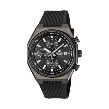 Casio Edifice EFSS660PB-1A kronográf szürke ionbevonatú tokgal, fekete műanyag szíjjal, fekete texturált számlappal, piros központi másodpercmutatóval, három kis számlappal és tachyméter skálával.