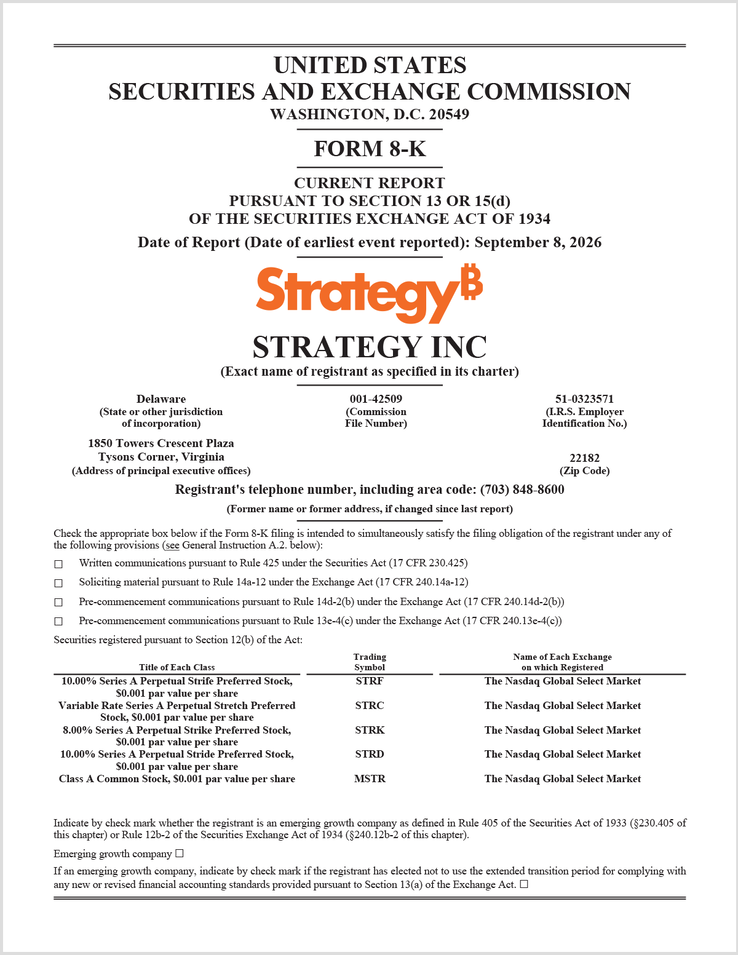 A Strategy SEC 8-K formanyomtatványa • 2026. szeptember 8.