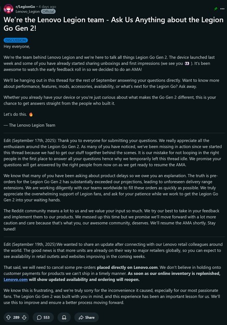 Lenovo Legion Go 2 előrendelési frissítés (Kép forrása: screenshot, Lenovo Legion Go subreddit)