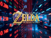A The Legend of Zelda: Ocarina of Time remake logója a Nintendo tőzsdei ketyegője előtt
