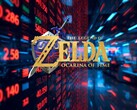 A The Legend of Zelda: Ocarina of Time remake logója a Nintendo tőzsdei ketyegője előtt